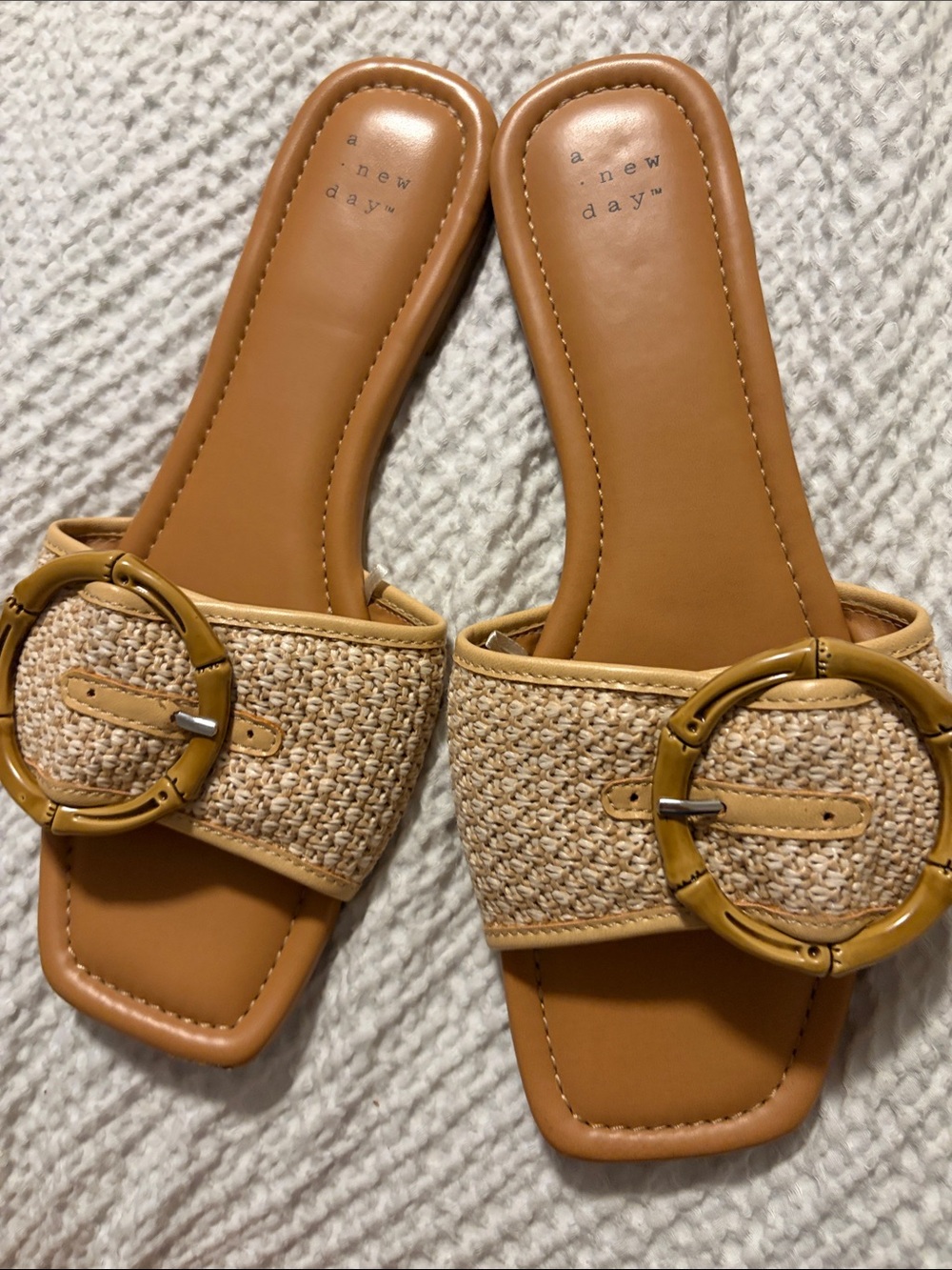 a new day Tan Raffia Slide Sandals with Yellow Accent Buckle
